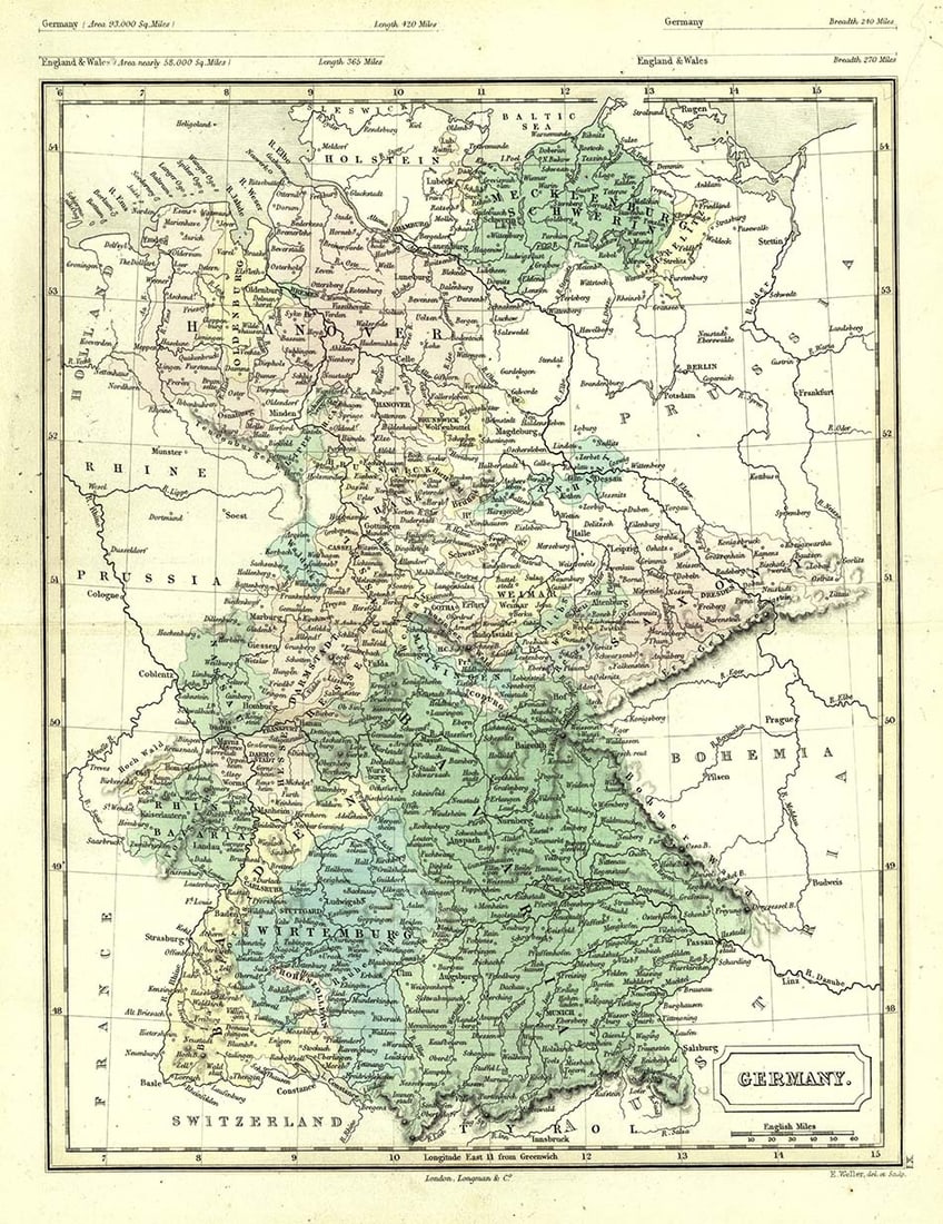 Germany.: Publication Date:c1865Title:Germany.,li>Cartographer:WELLER, EDWARDPublisher:LONGMAN & CO.Brief Description:"E. Weller, Del et Sculp." Polar projection. Stiff plate paper stock. Plate XI from a
