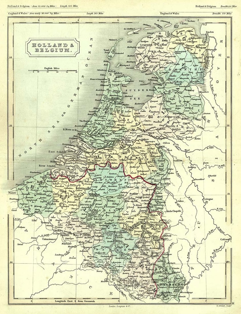 Holland & Belgium.: Publication Date:c1865Title:Holland & Belgium.,li>Cartographer:WELLER, EDWARDPublisher:LONGMAN & CO.Brief Description:"E. Weller, Sculp." Polar projection. Stiff plate paper stock. Plate XI from a