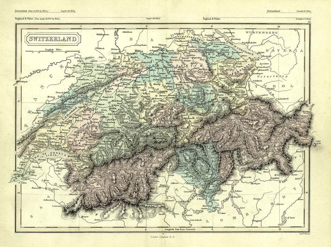 Switzerland: Publication Date:c1865Title:Switzerland,li>Cartographer:WELLER, EDWARDPublisher:LONGMAN & CO.Brief Description:"Edwd. Weller" Polar projection. Stiff plate paper stock. Plate IX from a quality