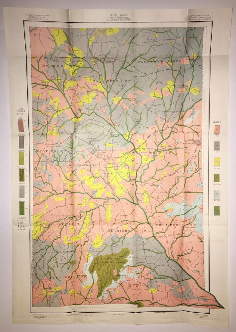 Soil Map North Carolina Alamance Co. Sheet: Publication Date:1901Title:Soil Map North Carolina Alamance Co. Sheet,li>Cartographer:COFFEY, GEORGE N./W. EDWARD HEARNPublisher:U.S. DEPT. OF AGRICULTURE. BUREAU OF SOILSBrief Description:Handsomely