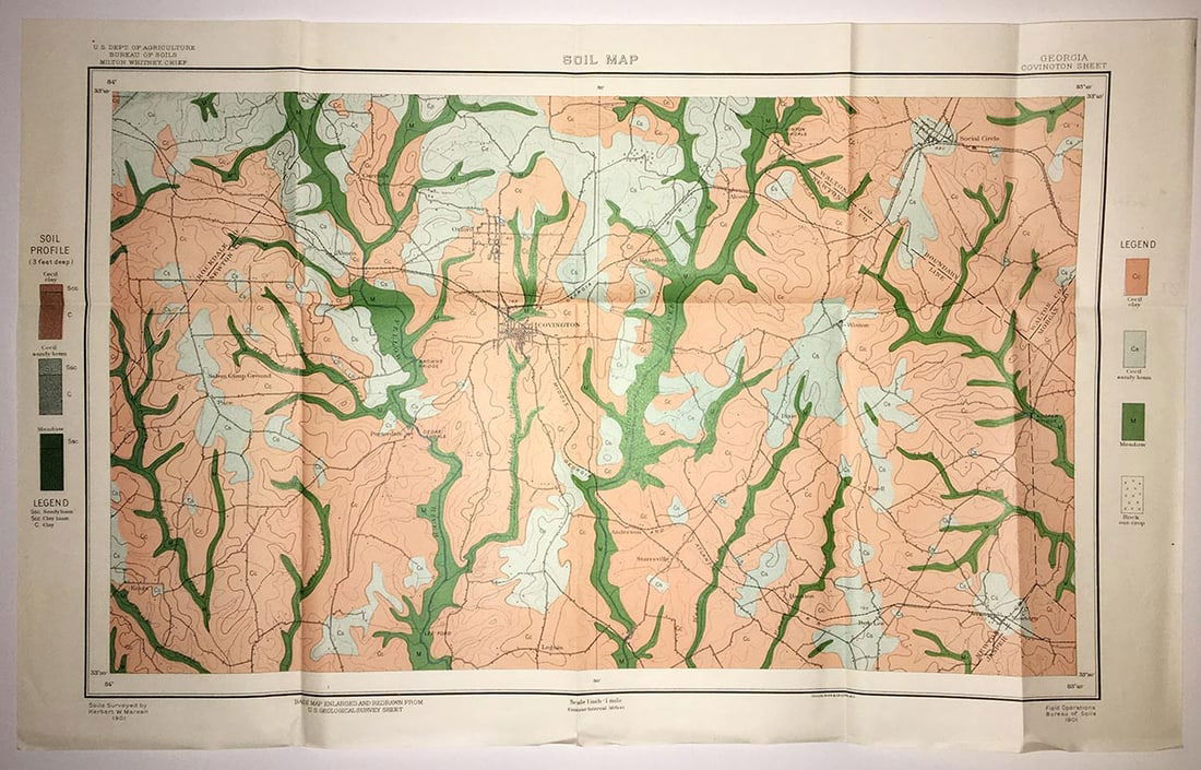 Soil Map Georgia Covington Sheet: Publication Date:1901Title:Soil Map Georgia Covington Sheet,li>Cartographer:MAREAN, HERBERT W.Publisher:U.S. DEPT. OF AGRICULTURE. BUREAU OF SOILSBrief Description:Handsomely chromolithographed map.