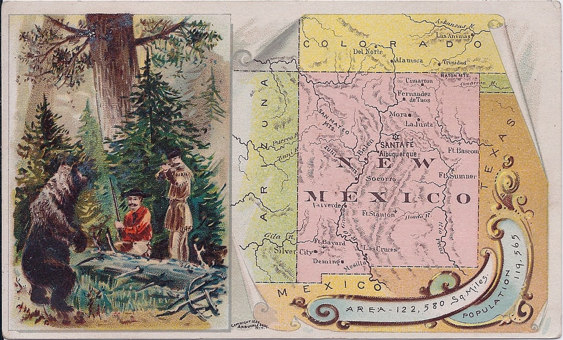 New Mexico: Publication Date:1889Title:New Mexico,li>Cartographer:DONALDSON BROS.Publisher:ARBUCKLE BROS.Brief Description:No. 95 map and color lithograph of bear hunting. Donaldson Bros. was famous for