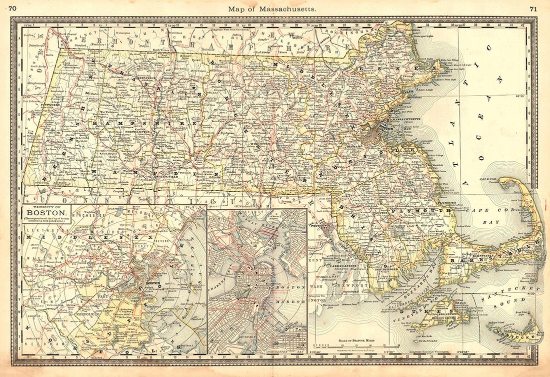 Map of Massachusetts.: Publication Date:1883Title:Map of Massachusetts.,li>Cartographer:RAND, MCNALLY & CO.Publisher:H.H. HARDESTY & CO.Brief Description:70, 71 Double-page map from a scarce Hardesty atlas. Two insets of