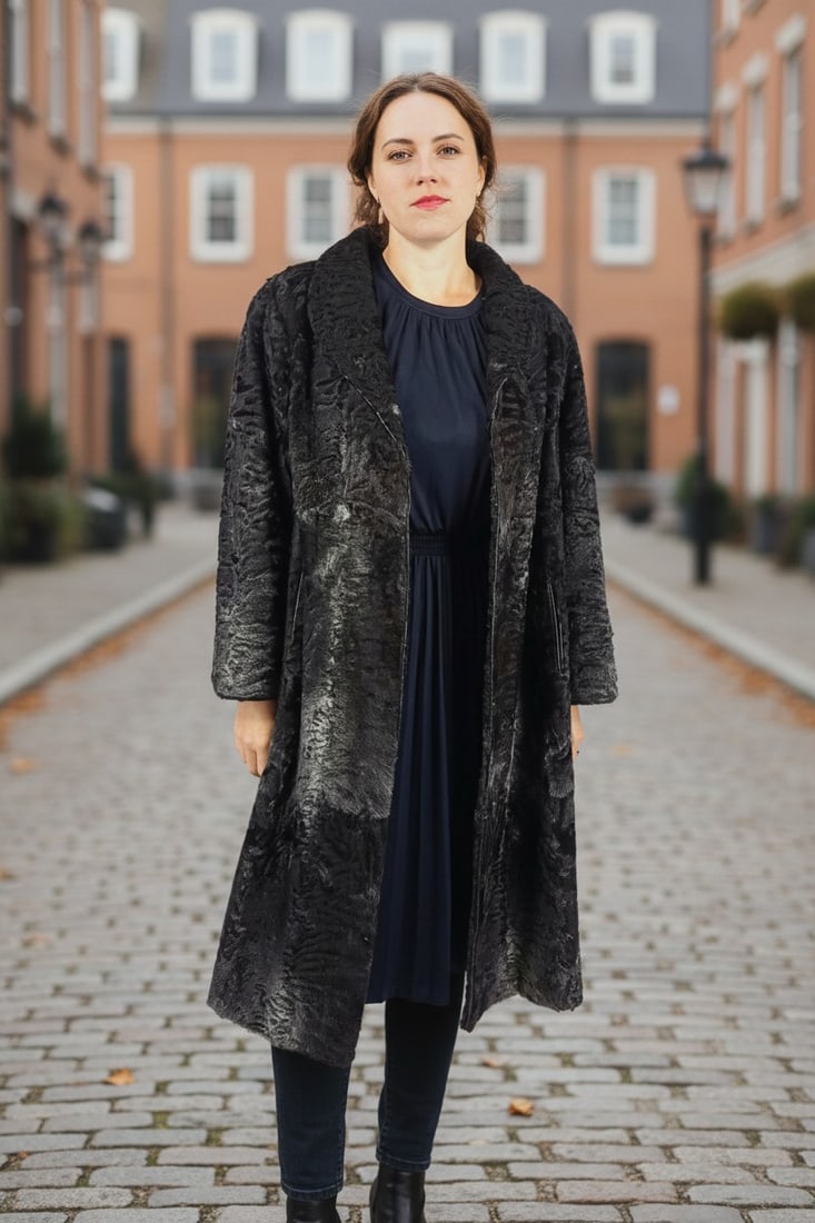 BLACK & GREY PERSIAN LAMB FUR COAT EU: XL ; US: 20 (1 of 11)