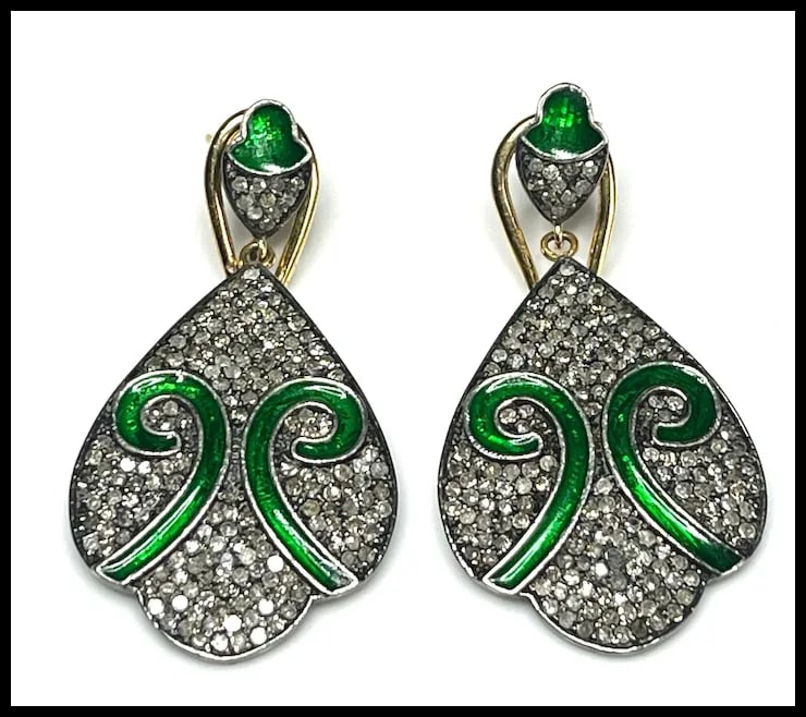 Estate Pave Diamond and Emerald Color Enamel Sterling Statement Earrings - 2