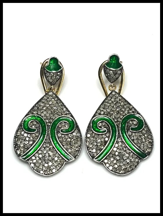 Estate Pave Diamond and Emerald Color Enamel Sterling Statement Earrings - 3