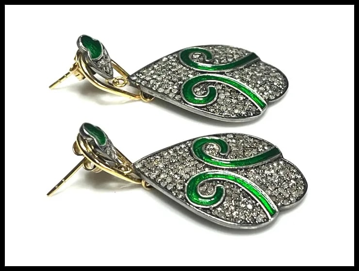 Estate Pave Diamond and Emerald Color Enamel Sterling Statement Earrings - 4
