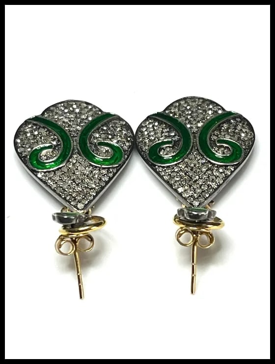 Estate Pave Diamond and Emerald Color Enamel Sterling Statement Earrings - 5