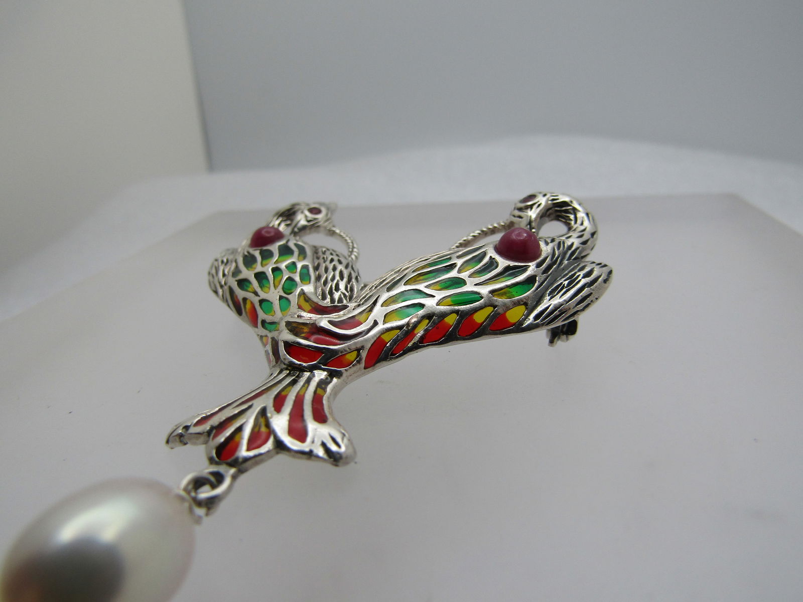 Vintage Sterling Enameled Stained Glass Bird Brooch, Double Bird, Drop Pearl - 2