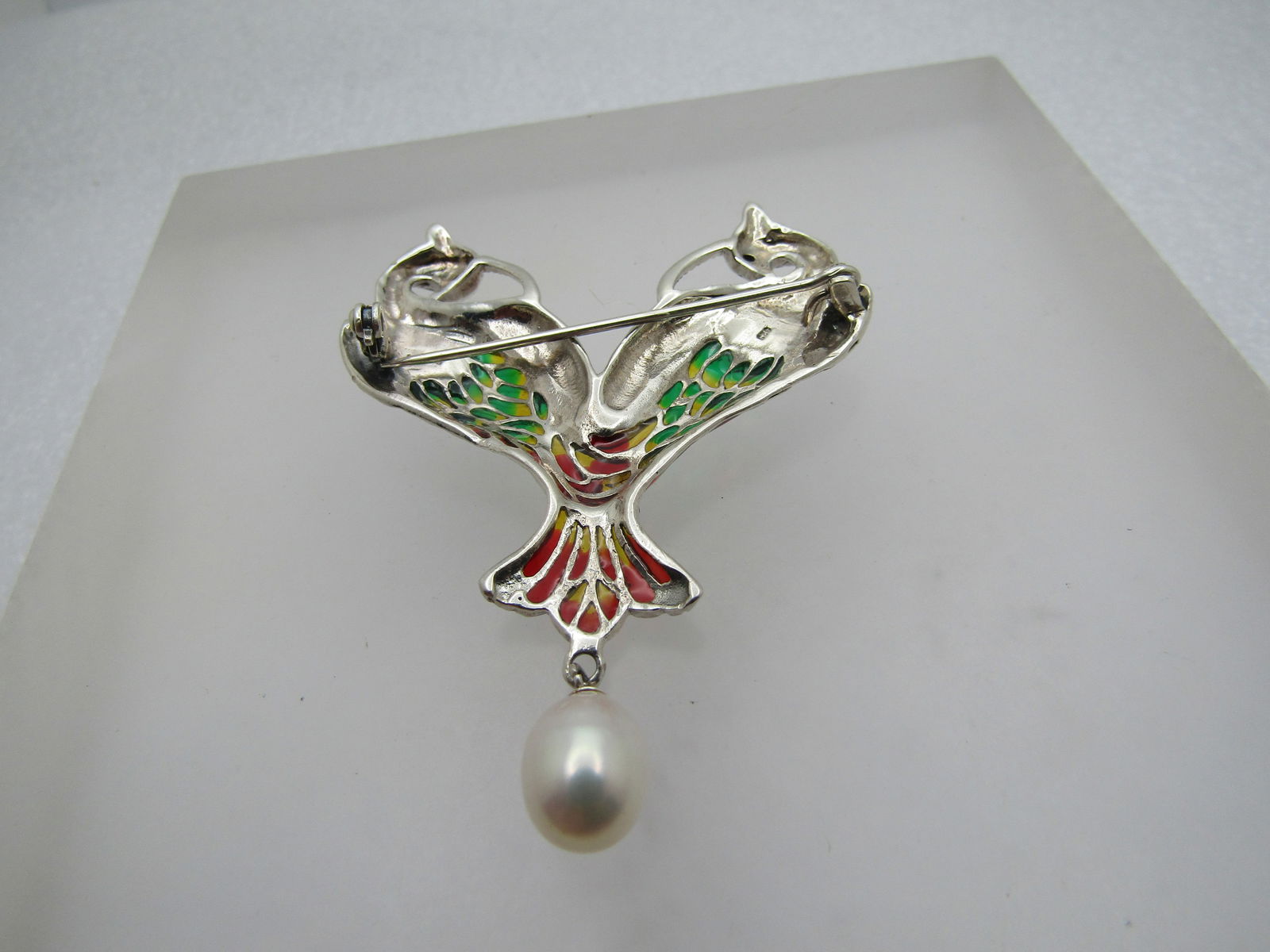 Vintage Sterling Enameled Stained Glass Bird Brooch, Double Bird, Drop Pearl - 3