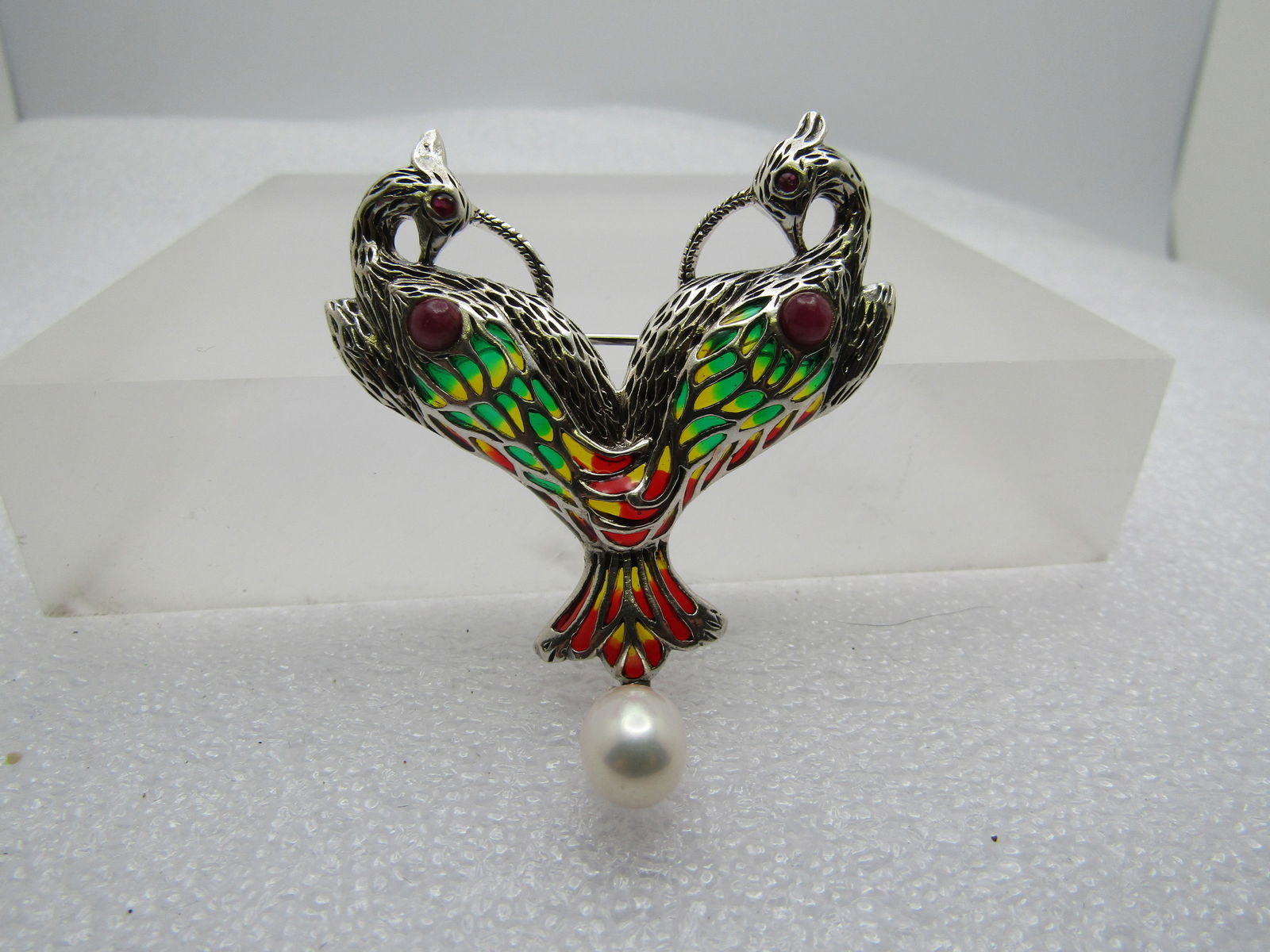 Vintage Sterling Enameled Stained Glass Bird Brooch, Double Bird, Drop Pearl - 4