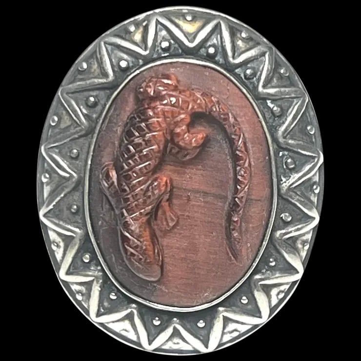 Estate Carolyn Pollack Sterling Silver Carved Redstone Lizard Ring: Title: Estate Carolyn Pollack Sterling Silver Carved Redstone Lizard Ring Description: Estate Carolyn Pollack Sterling Silver Carved Redstone Lizard RingHallmarked: 925 signed Carolyn Pollack Weighs: