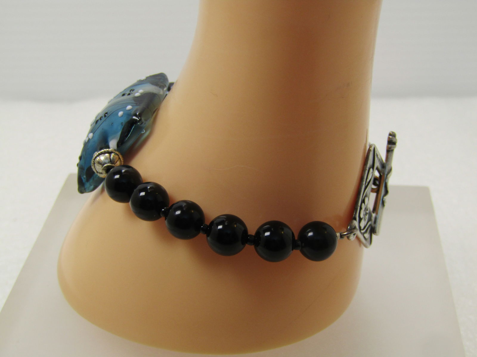 Sterling Blue/Black Art Glass Bracelet, Signed Joshua Benbassat (JBB), Floral Toggle Clasp, 7.5", - 2