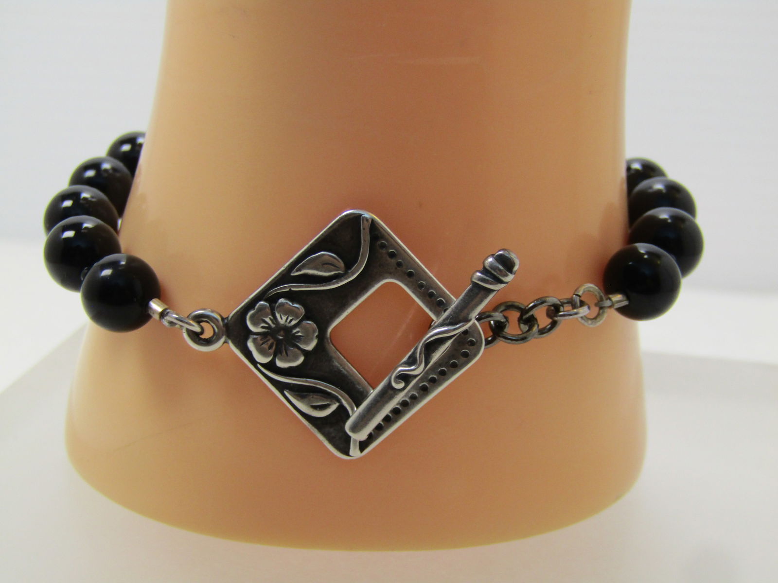 Sterling Blue/Black Art Glass Bracelet, Signed Joshua Benbassat (JBB), Floral Toggle Clasp, 7.5", - 3