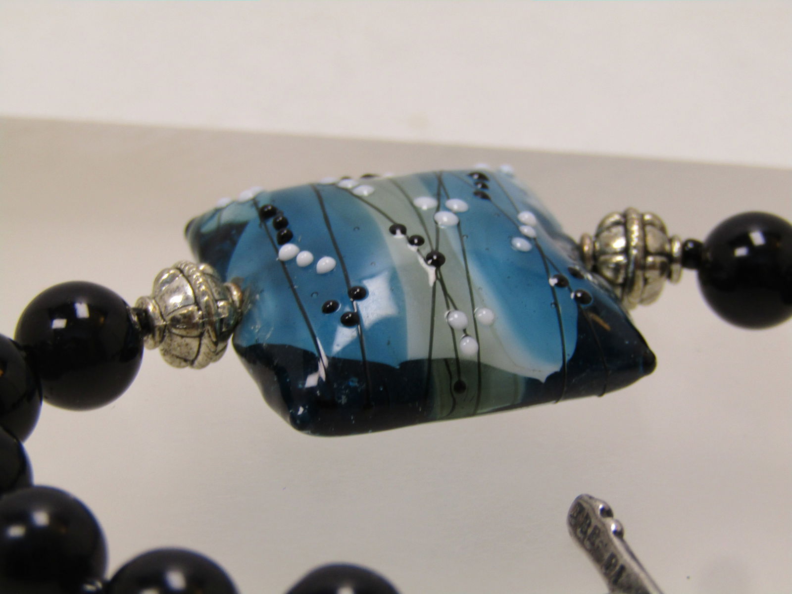 Sterling Blue/Black Art Glass Bracelet, Signed Joshua Benbassat (JBB), Floral Toggle Clasp, 7.5", - 6