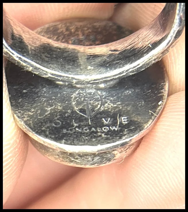 Vintage Olive Bungalow Sterling Silver Turquoise Hand Hammered Ring - 7