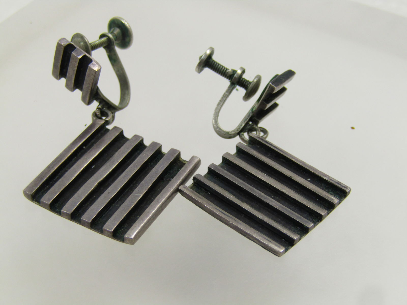 Vintage Sterling Modernist Mexico Stud Dangle Earrings, Screwback, 1940's/MId-Century, Signed EF, - 5