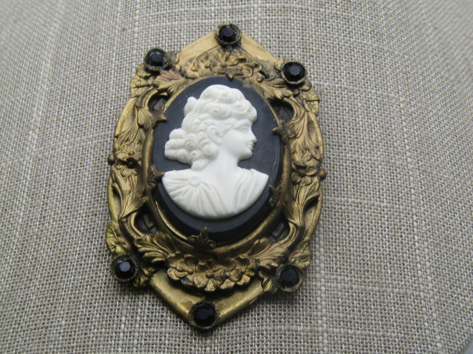 Antique Black & White Cameo Brooch, Ornate, 1920's, 3" - 2