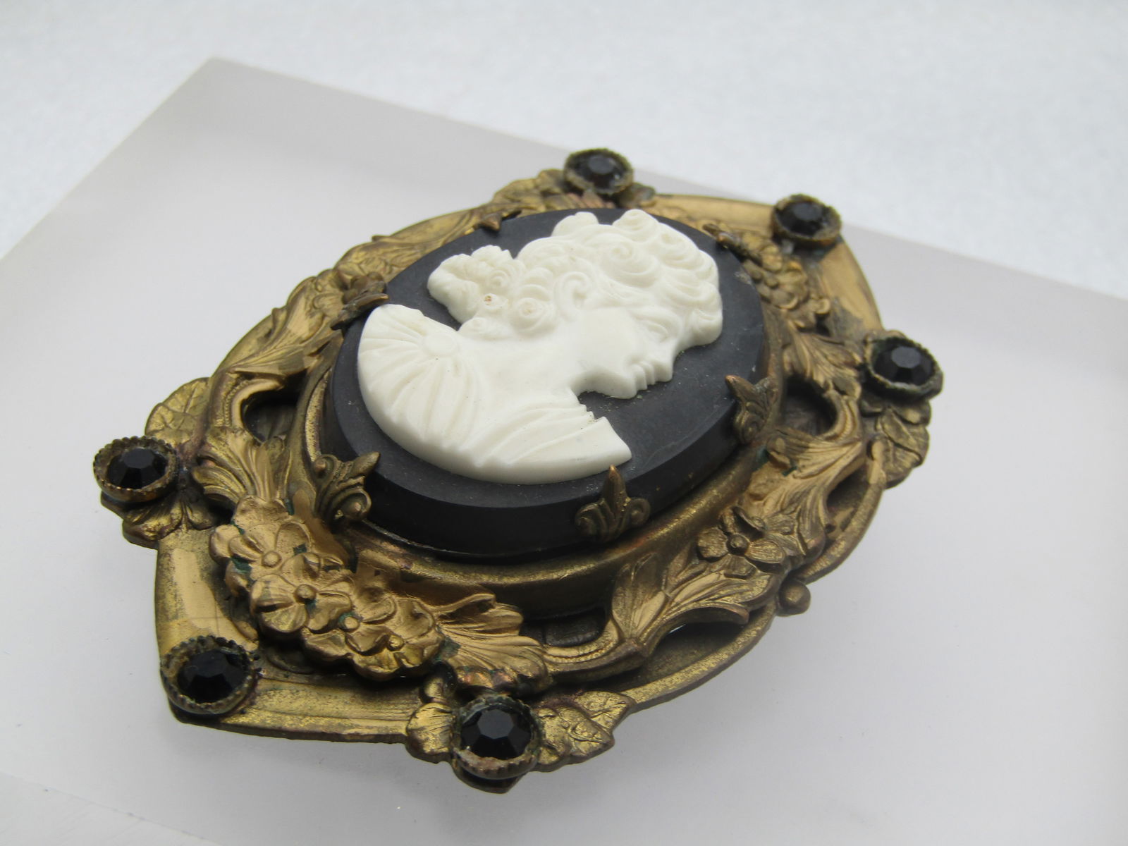 Antique Black & White Cameo Brooch, Ornate, 1920's, 3" - 5