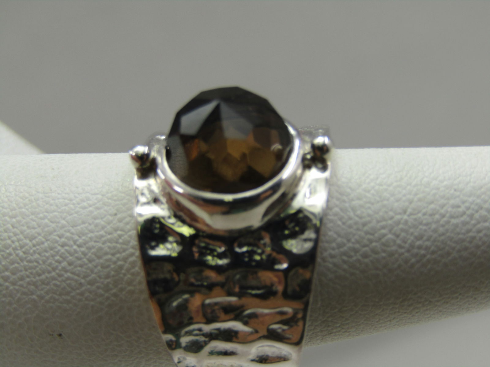 Sterling Smoky Topaz Wide Hammered Band Ring, Sz. 8, - 5