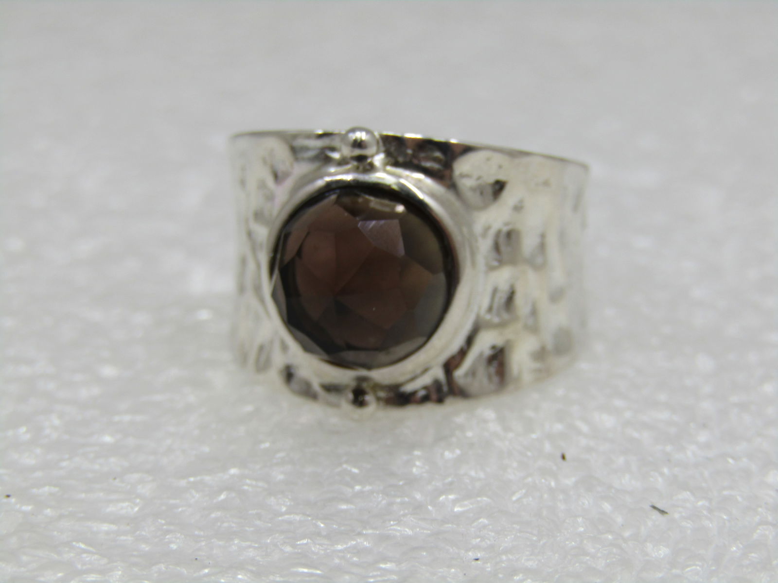 Sterling Smoky Topaz Wide Hammered Band Ring, Sz. 8, - 6