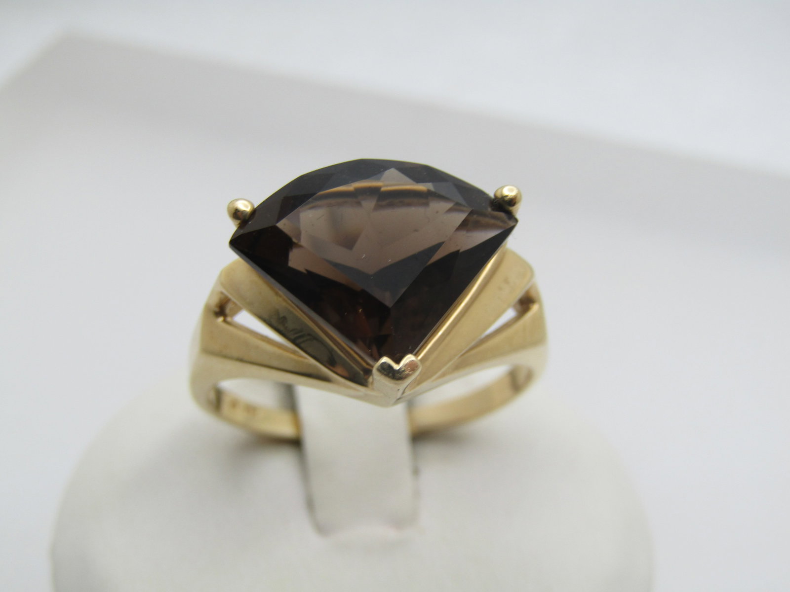 Vintage 14kt Smoky Topaz Ring, Sz. 11.5, 1980's-1990's, Signed UP: Vintage 14kt Smoky Topaz Ring, Sz. 11.5, 1980's-1990's or earlier, Signed UP. It has an opened tiered angled stepped setting with a 12.5mm from the bottom point to the center and appx. 14mm from