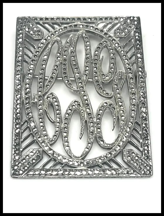 Vintage Marcasite Sterling Silver Initial Brooch - 2