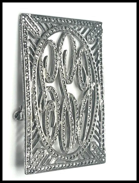 Vintage Marcasite Sterling Silver Initial Brooch - 3