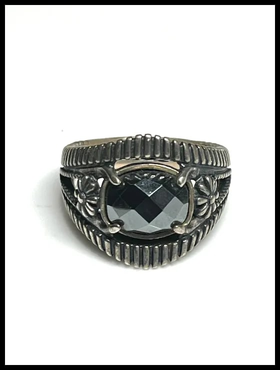 Vintage Carolyn Pollack Relios Faceted Hematite Sterling Silver Flower Ring - 2