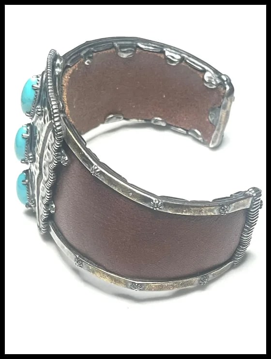 Estate Carolyn Pollack Jennifer Nettles Sterling Silver Leather Turquoise Cuff Bracelet - 4