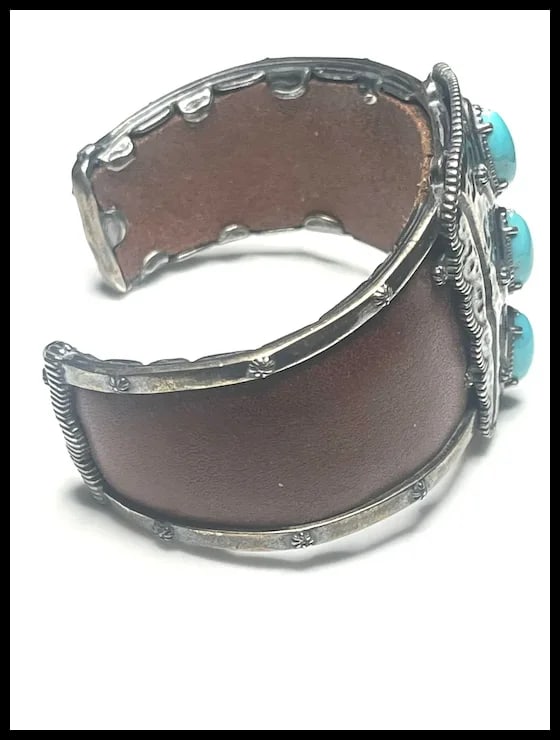 Estate Carolyn Pollack Jennifer Nettles Sterling Silver Leather Turquoise Cuff Bracelet - 6