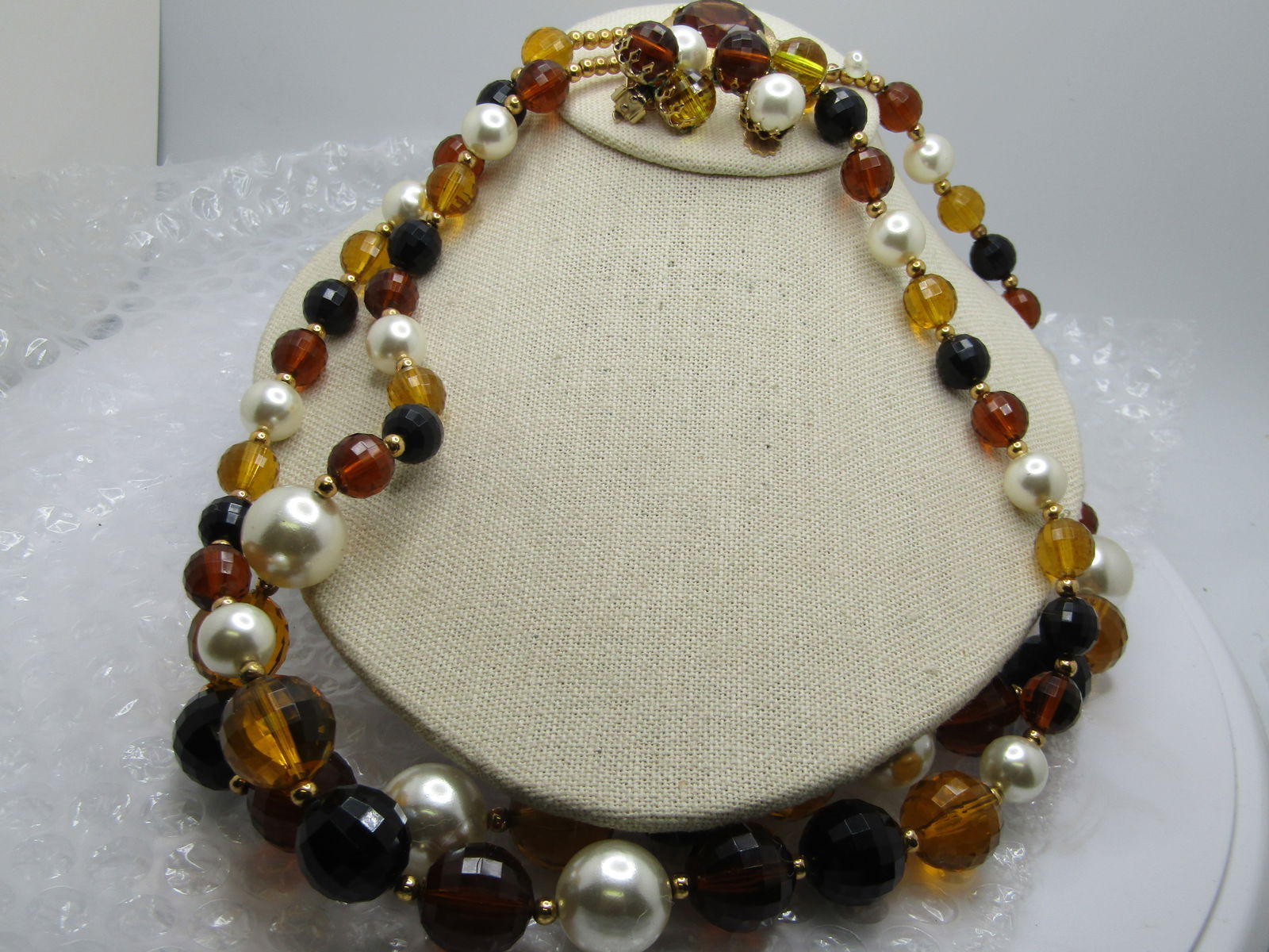 Vintage Earthtone Faceted Beaded Necklace & Clip Earrings Set Double Strand, 23", 1960's-1970's - 2