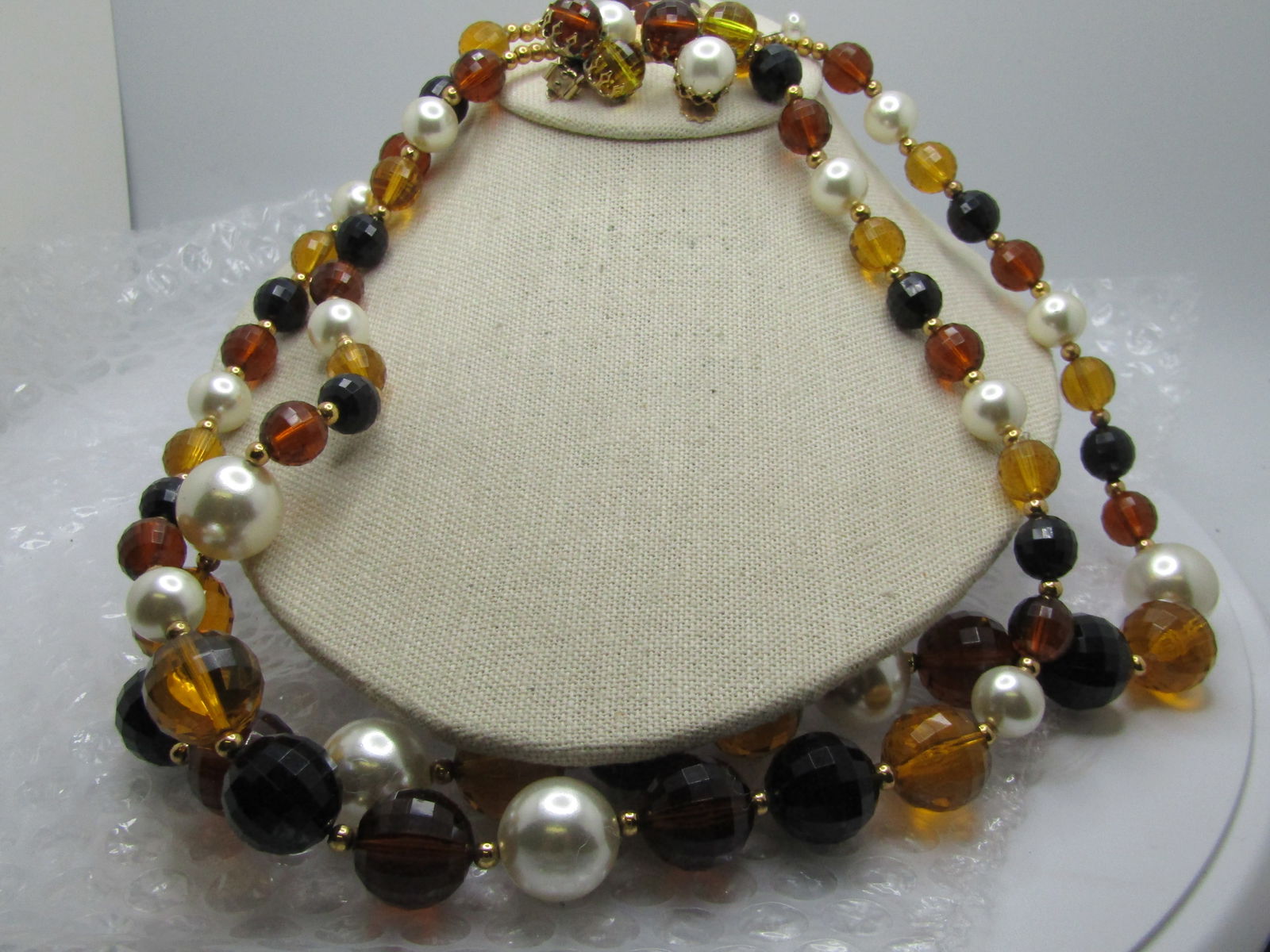 Vintage Earthtone Faceted Beaded Necklace & Clip Earrings Set Double Strand, 23", 1960's-1970's - 3