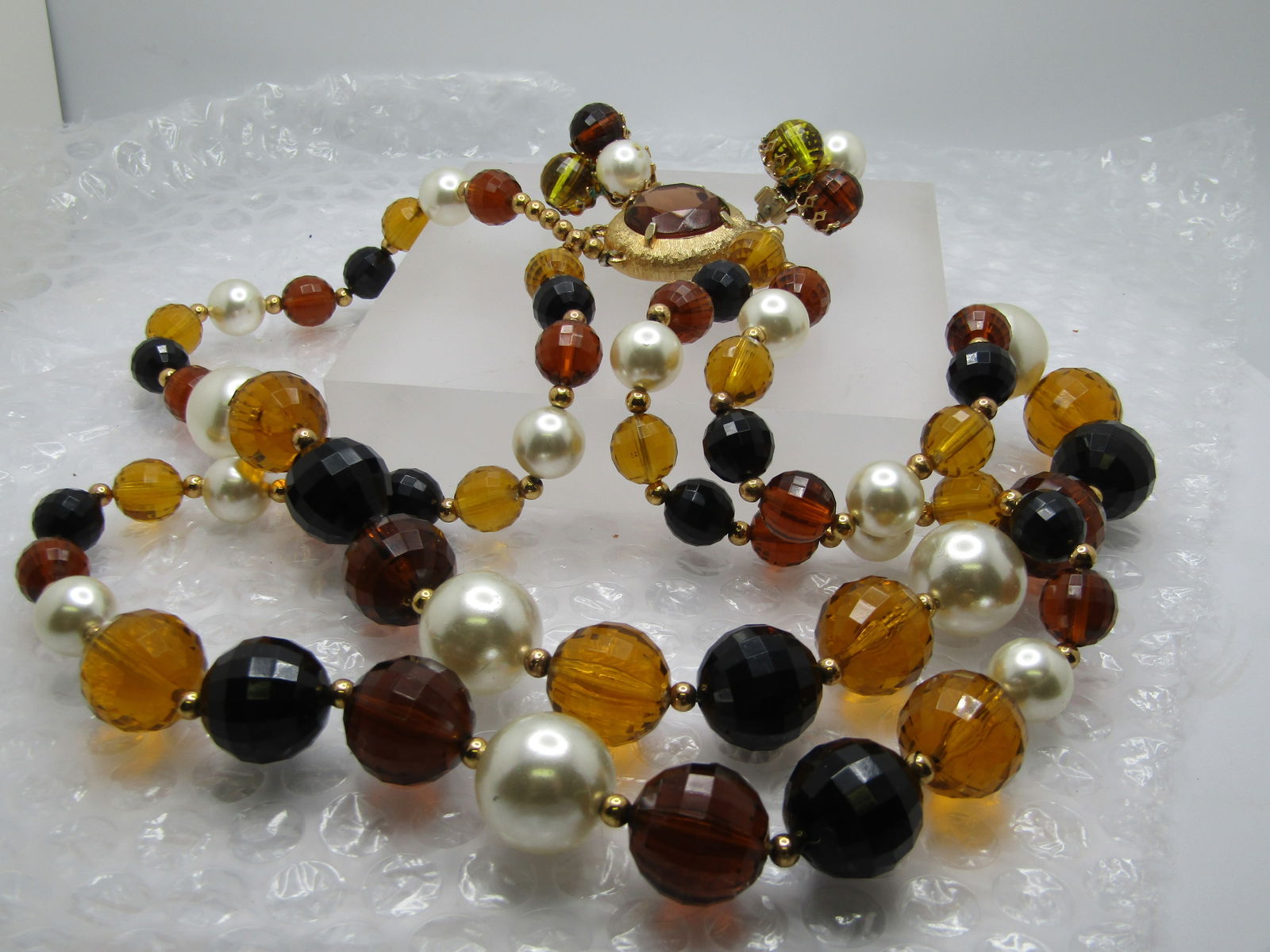 Vintage Earthtone Faceted Beaded Necklace & Clip Earrings Set Double Strand, 23", 1960's-1970's - 4