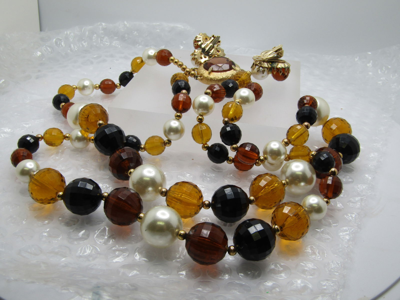 Vintage Earthtone Faceted Beaded Necklace & Clip Earrings Set Double Strand, 23", 1960's-1970's - 6