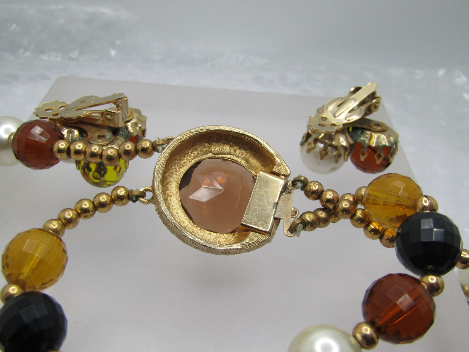 Vintage Earthtone Faceted Beaded Necklace & Clip Earrings Set Double Strand, 23", 1960's-1970's - 7