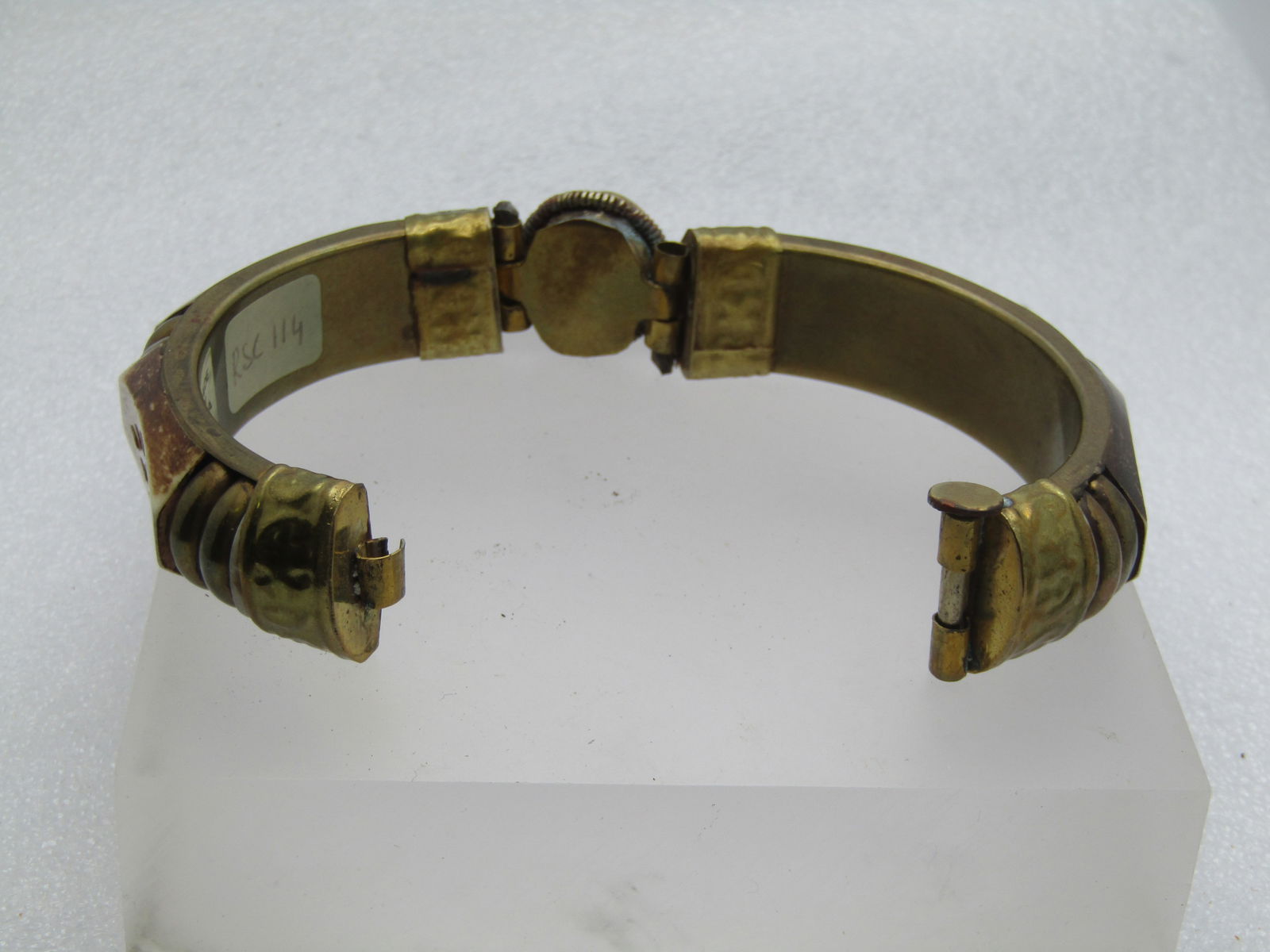 Vintage Bone Carved Hinged Bangle Bracelet with Stone, Pin Clasp, 7.75" - 4