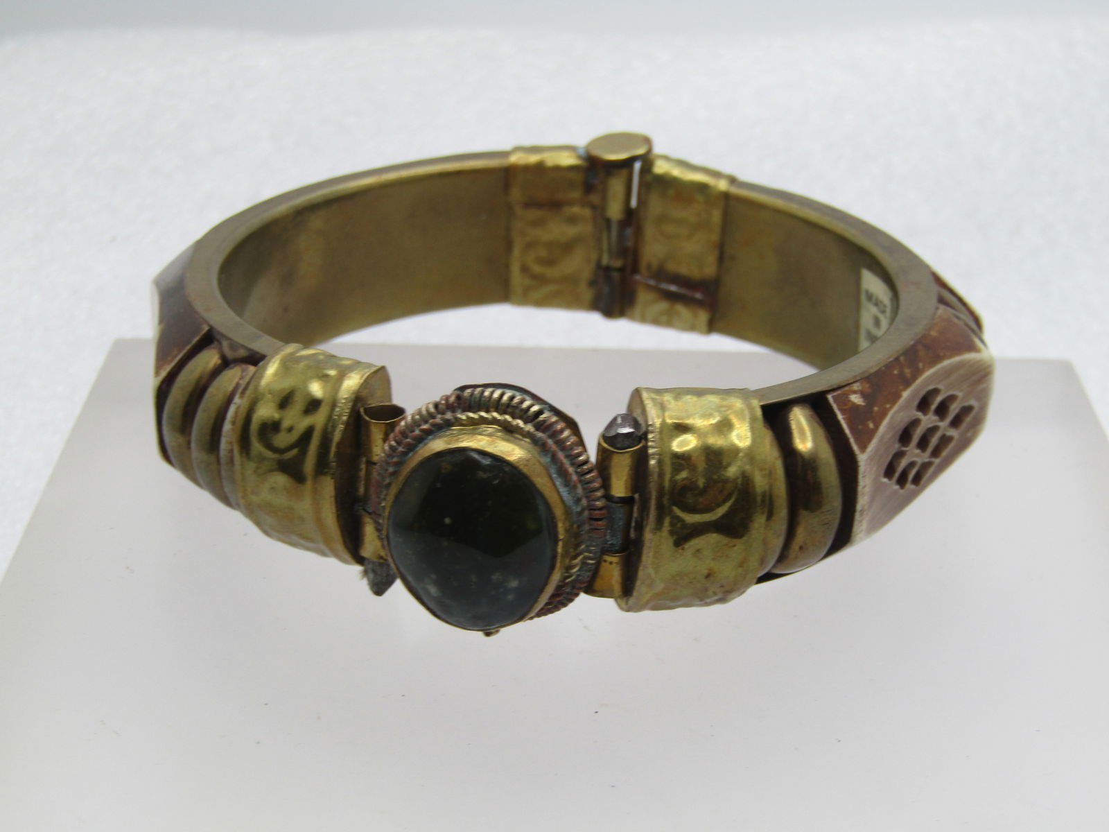 Vintage Bone Carved Hinged Bangle Bracelet with Stone, Pin Clasp, 7.75" - 7