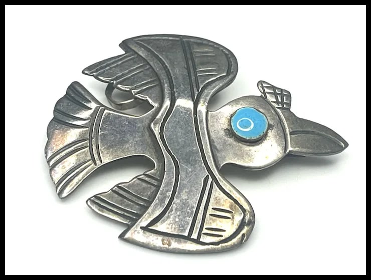 Sterling Silver Signed Old Cuzco Bird Brooch/Pendant with Turquoise Colored Enamel Eye - 2
