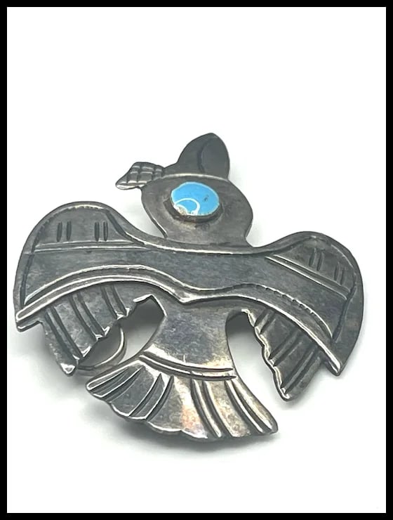 Sterling Silver Signed Old Cuzco Bird Brooch/Pendant with Turquoise Colored Enamel Eye - 3