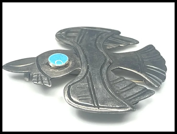 Sterling Silver Signed Old Cuzco Bird Brooch/Pendant with Turquoise Colored Enamel Eye - 4