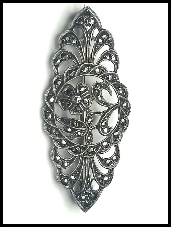 Vintage Sterling Silver Marcasite Floral Brooch - 3