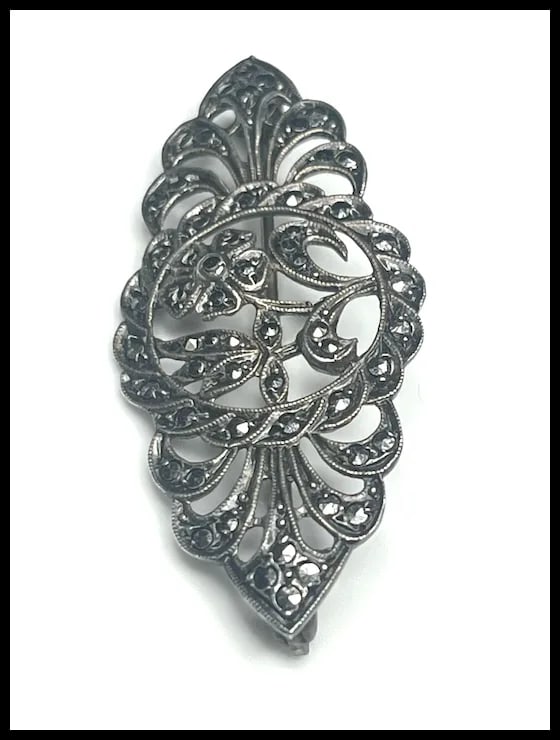 Vintage Sterling Silver Marcasite Floral Brooch - 4