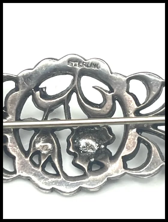 Vintage Sterling Silver Marcasite Floral Brooch - 6