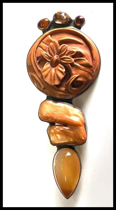 Estate Amy Kahn Russel Camelian, Hessonite, Handcarved Wood Sterling Silver Brooch - 2