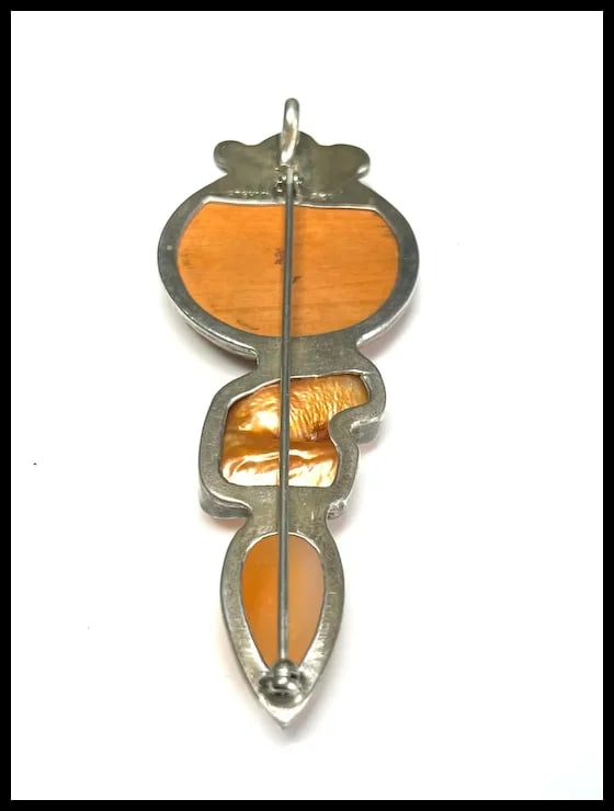 Estate Amy Kahn Russel Camelian, Hessonite, Handcarved Wood Sterling Silver Brooch - 3