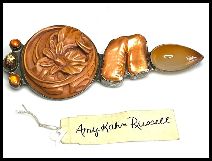 Estate Amy Kahn Russel Camelian, Hessonite, Handcarved Wood Sterling Silver Brooch - 4