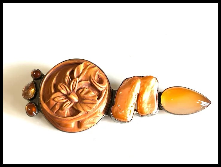 Estate Amy Kahn Russel Camelian, Hessonite, Handcarved Wood Sterling Silver Brooch - 5