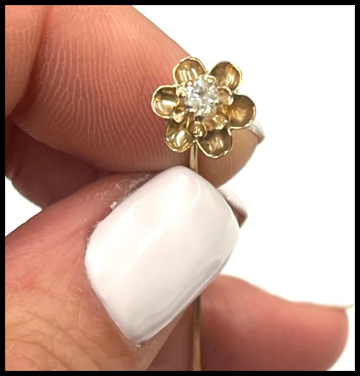 Vintage 14k Gold Diamond Flower Stickpin - 5