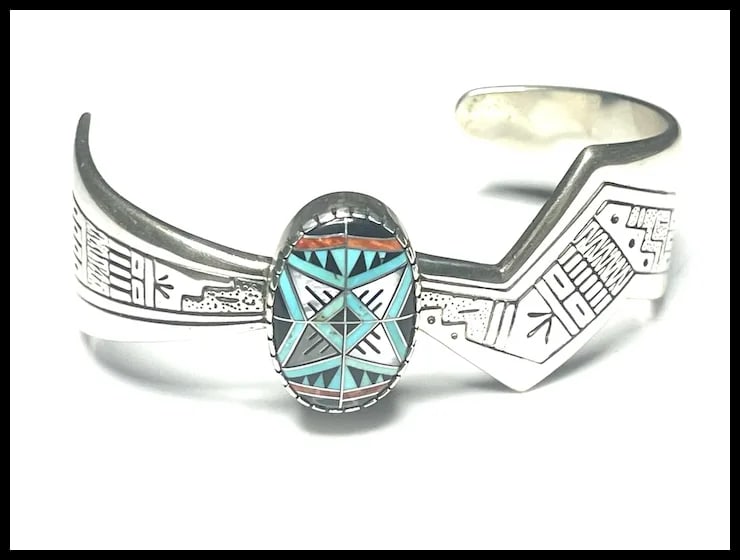 Estate RMT Sterling Silver Turquoise Mosaic Inlay Cuff Bracelet - 2